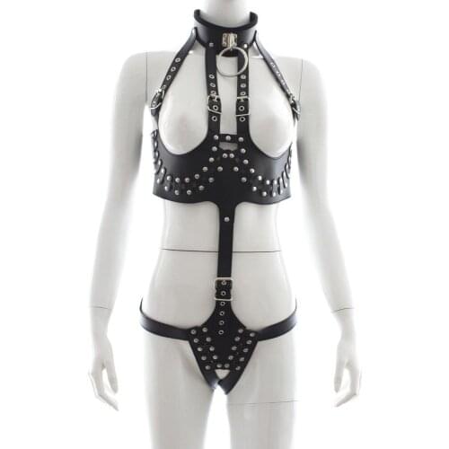 Sexy Bondage PU Leather hot Erotic breasts Siamese bondage costume Queen Fetish Open Crotch Breast Exposed Women Show clothing