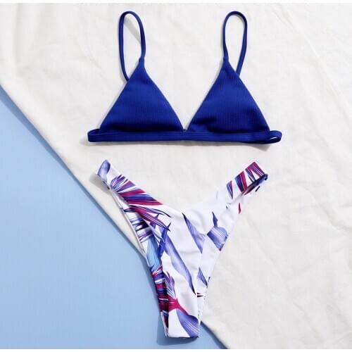 Sexy Bikini Set Bra Blue Sleeveless V Neck Thong Print High Waist Swimsuits for Women Bathing Suit Beachwear Biquinis Feminino