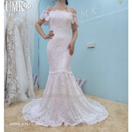 UMK 2020 Sexy Bohemia Mermaid Wedding Dress Off the Shoulder Boat Neck Vestido De Noiva Vintage Champagne Boho Wedding Gowns