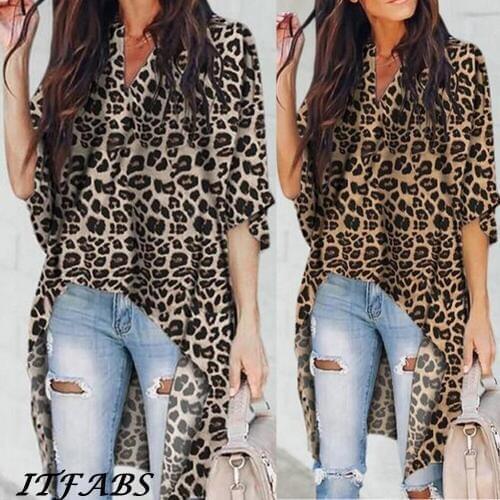 Women Shirt Blouse V Neck Plus Size Leopard Print Long Sleeve Casual Loose Sexy Shirt OL Tops Blouse Plus Size