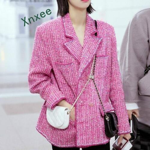 Xnxee Sweet Tweed Jacket Women 2019 New Elegant Double Breasted Pocket Long Jacket Chic Tweed Outerwear Top