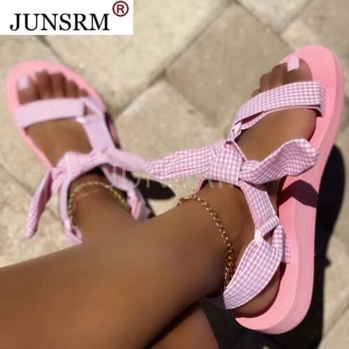 Bowknot Beach Shoes Woman Cute Tie Design Hook Loop Casual Women Flat Sandals Gingham Open Toe Shoes Velcro Sandalia Plataforma