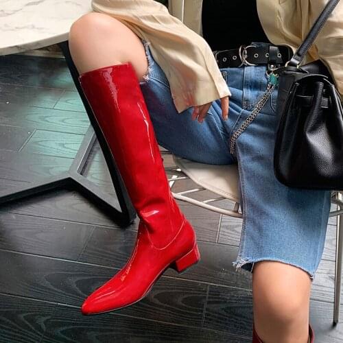 Arden Furtado winter fashion 2021 chunky heels Womens boots Slip-on red Round Toe black shiny leather Knee high boots 40 new