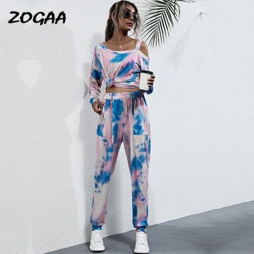 ZOGAA Sets Women Trendy Hot Sale Spring New Printed Off-the-shoulder T-shirt Tie-dye Long-sleeved Suit Womens Casual Two-piece