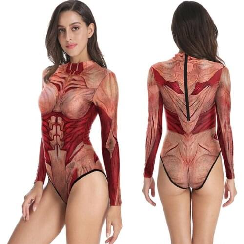 2021 New QVRXDT Muscle Print One-piece Swimsuit Women Summer Long-sleeved Sunscreen Beachwear Swimsuit Sexy Skinny Slim Swimsuit