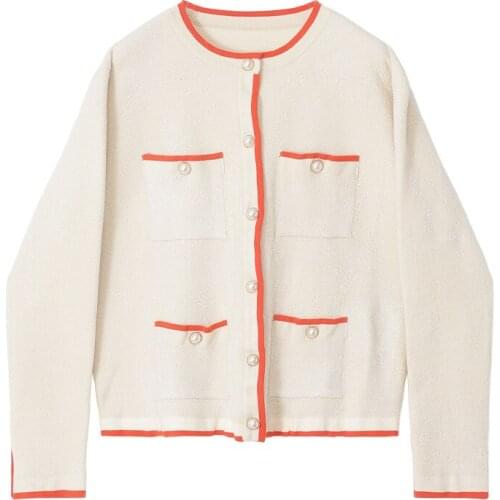 Geeky Chic Style Autumn Winter Womens Sweater Long Sleeve Round Neck Stripe Contrast Color Four Pocket Loose Knit Cardigan Coat