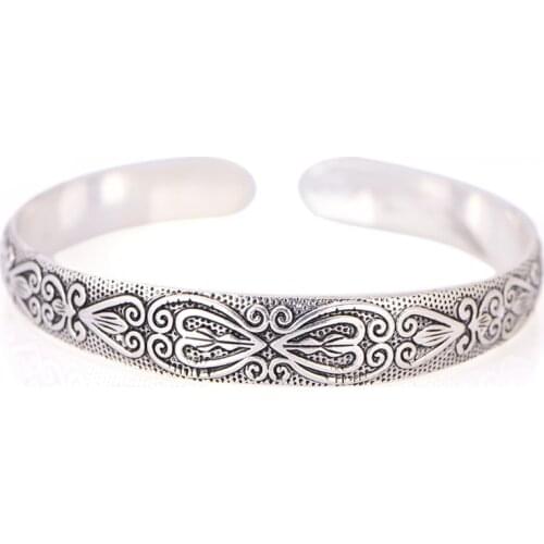 1PC Jewelry Fashion Men Women Bangles Retro Boho Wristband Carve Heart Thai Silver Brand Bracelet Silver Black Bracelet