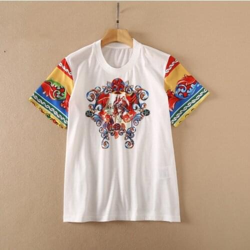 2021 Summer New Cotton Tees Women Fashion Design Beading Diamonds Printed High Quality Loose Tops