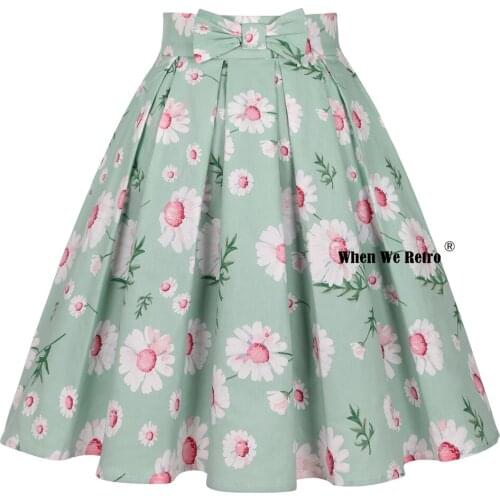 2021 Y2K Plus Size Light Green Spring Summer Floral Skirt SS0012 Daisy Print Cotton 50s 60s Vintage Pleated Skirt Jupe Femme