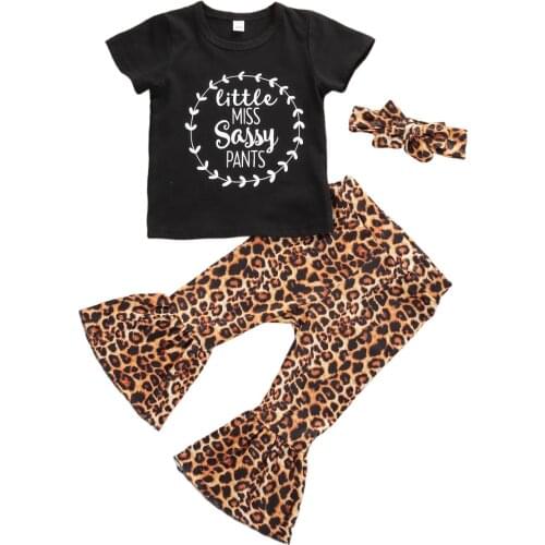 1-6Y Kid Baby Girls Clothes Sets Leopard Letter Print Short Sleeve T Shirts Tops+Flare Pants+Headband 3pcs