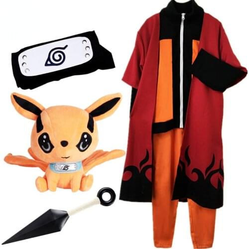 Anime Hokage Cosplay Costume Cloak/Coat/Pants Halloween Party Costume Child Adult Headband Kunai Kurama Doll Hokage Ninja Set