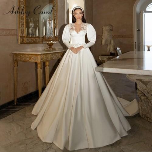 Ashley Carol Satin Wedding Dress 2021 Delicate Beading Lace Sweetheart Bride lantern Sleeve Princess A-Line Beach Bridal Gowns
