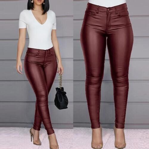 Women Hot Sexy Black Wine Wet Large Size High Waisted Buttoned Coated Pants Casual Stretch Trousers Slim Shiny PU Leather Pants