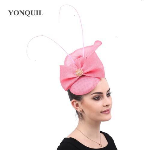 Church Wedding Pink Bow Fascinators Hats Hair Clip Women Elegant Ladies Headwear Fedora Caps Feather Decoration Headpiece SYF480