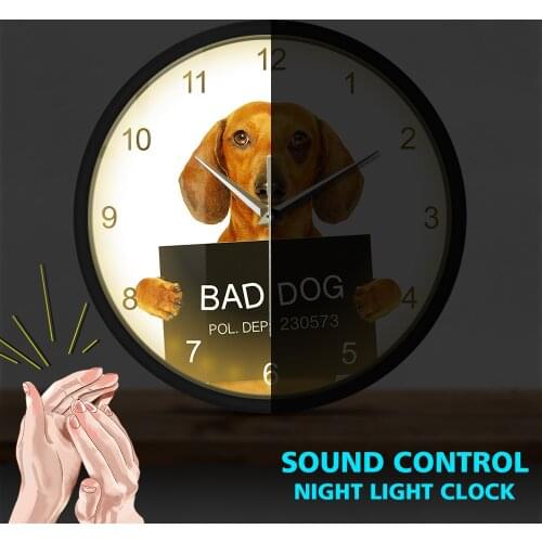 Dachshund MugShot Modern Design Time Metal Frame Watch Criminal Puppy Police Bad Dog Prison Sound Activated Wall Clock