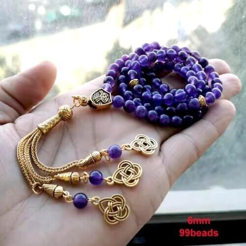 Tasbih 2021 Natural purple Amethysts 99beads bracelet Islamic Eid gift Gold Tassel for women rosary bead Muslim turkish Jewelry