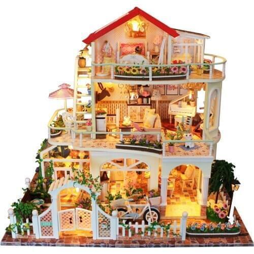 DIY Wooden Dollhouse Miniature Furniture With LED Light Kit 3D Villa Doll Houses Assemble Toys Children Girl Birthday Gift Casa