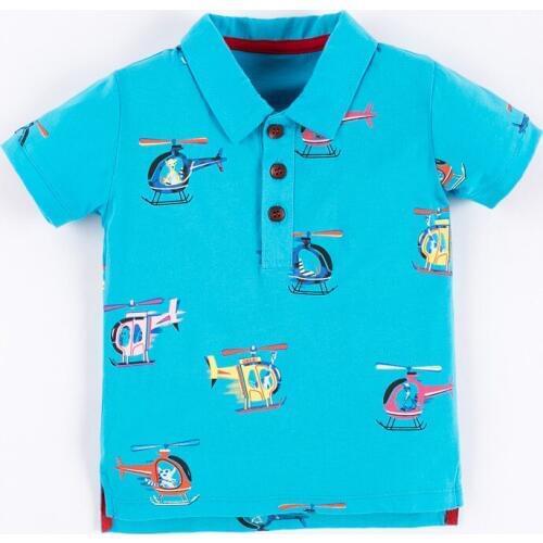 Little Maven New Summer Kids Lake Blue Helicopter Animals Turn-down Collar Short- sleeved Cotton Knitted Boys Casual Tshirts