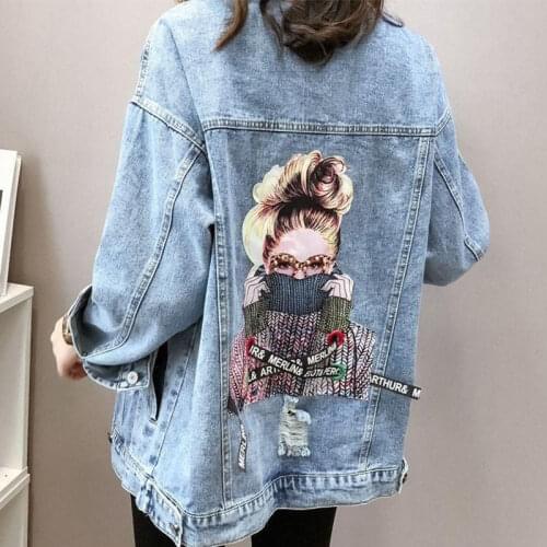 2021 Fashion Korean Printed Womens Denim Jacket Ripped Jeans Spring Autumn Casual Loose Jaqueta Feminina Veste Jean Femme