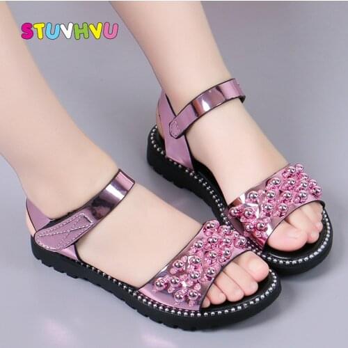Girls Sandals Summer 2021 New Fashion Flat Bottom Patent Leather Children Princess Shoes Pearl Kids Sandals for Girls Shoes