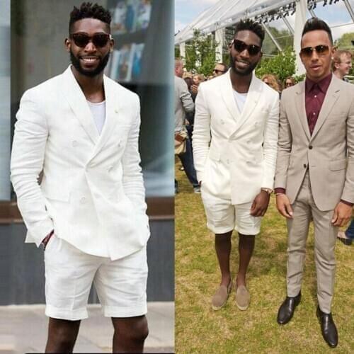 2021 Summer Short Suits Double Breasted Linen Mens Wedding Tuxedos Wear Business Party Prom Best Men Blazer Suit(Jacket+Pants)