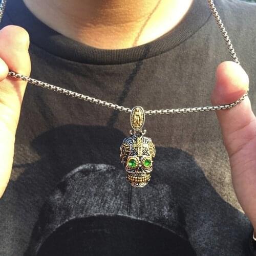 Mexican Large Sugar Skull with Green Eye Pendant Necklace Stainless Steel Punk Biker Male Jewelry with 24 inch