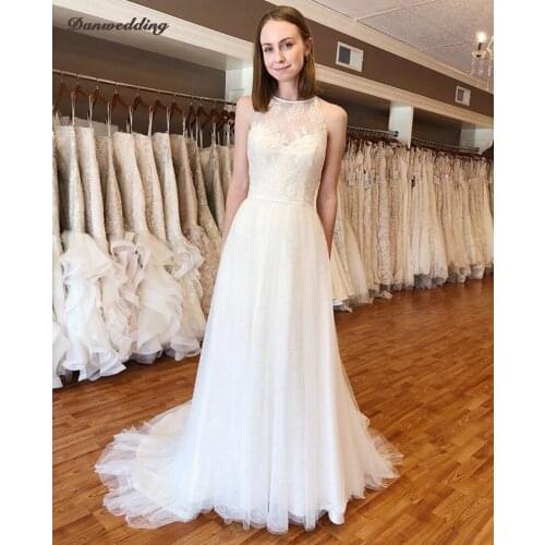 Sweety Tulle Halter-Neck Wedding Dresses Court Train Refinement Lace A-Line Bridal Dress Boho Wedding Gowns Illusion Backless