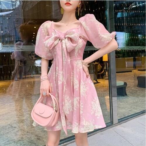 Fashion Summer French Romantic Vintage Puff Sleeve Mini Party Birthday Dress Ladies Coffee Break Sweet Bow Print Short Dress
