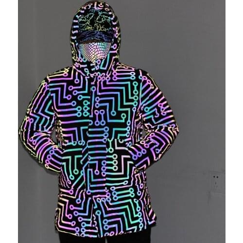 SEVEYFAN Mens Circuit Pattern 3M Reflective Long Down Cotton Jacket Big Pockets Winter Thick Warm Cargo Coat for Couple