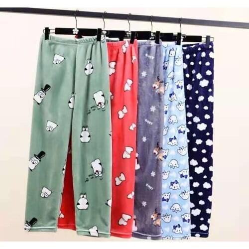 2021 New Winter Womens Plush Pajama Pants Warm Home Pants Thicken Loose Comfortable Elastic Waist Cute Cartoon