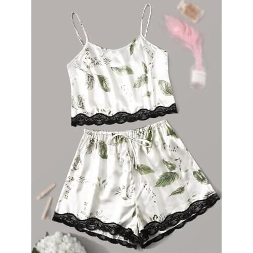 2020 New Arrival Women Printed Suspender Pajamas Sexy Lace Smooth Two-piece Sleepwear