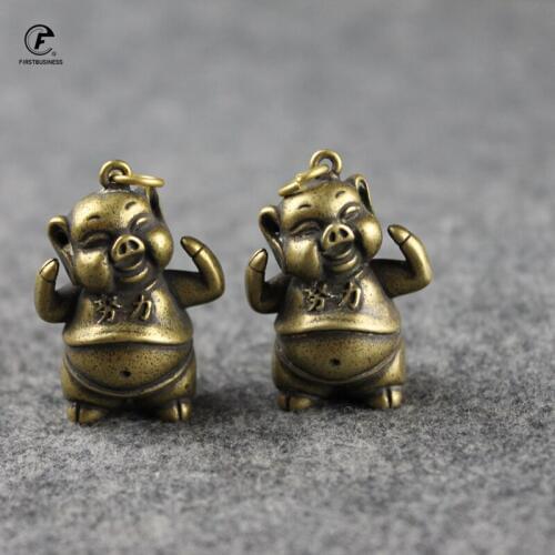 New Copper Chinese Zodiac Animal Pig Pendants for Keychain with Letter Work Hard Bring Blessing Lucky Feng Shui Home Decorations