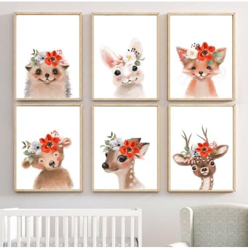 Nordic Cute Animals Rabbit Fox Deer Nursery Wall Art Canvas Prints Painting Posters Pictures for Baby Kids Girl Room Decor