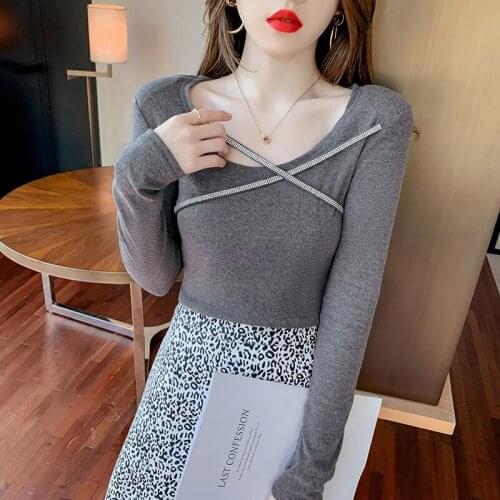 WWENN 2021 Casual Autumn T Shirt Women T-Shirt Long Sleeve Korean Style Slim Cotton Tshirt Diamond Gray Tops Womens Clothing