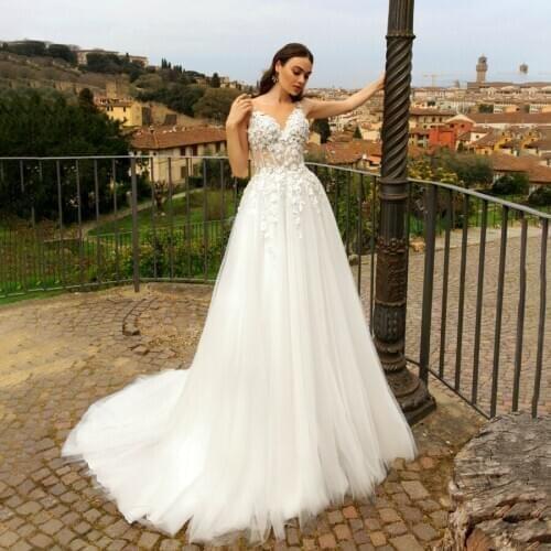 Sheer Neckline and Illusion Back 3D Lace Applique Champagne Wedding Dress with Pearls Beading Bridal Dress