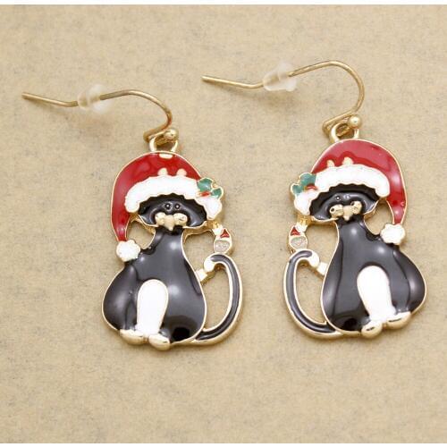 Christmas Hat Xmas Santa Earrings Black Bastet Bast Kitten Pet Cat Enamel Etched Women Oorbellen Orecchini Jewelry Red