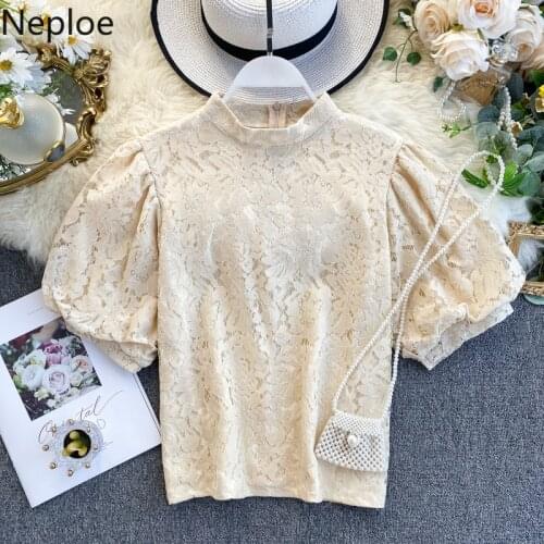 Neploe Retro Stand Collar Chic Puff Long Sleeve Blouse Women Elegant Lace Solid Slim Blusas Autumn Spring 2021 New Shirt 47871