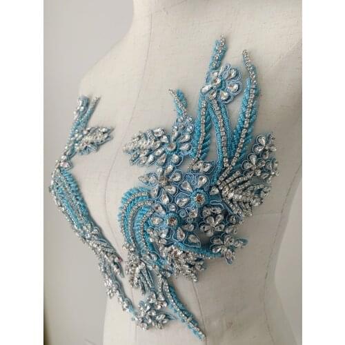 Light Blue Rhinestone Bead Applique Crystal Applique Crystal Bodice Patch Handmade Rhinestone Applique, Bridal Headpiece