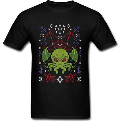 Merry Cthulhu Tshirt Men Christmas Gift T Shirt Cute Monster Clothes Sweater Pattern Tops Octopus Tees Black T-shirt Cotton