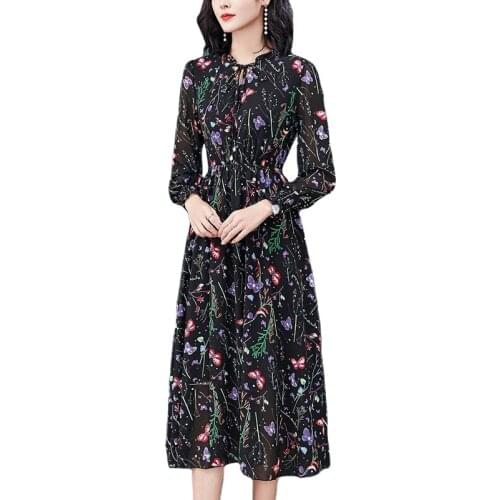 Spring And Autumn Womens Chiffon Dress Long Sleeve V-neck Floral Dress 2021 New Long plus Size 4XL Hedging Black Dress Female