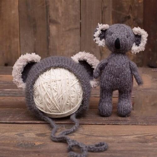 W3JF 2 Pieces Newborn Infant Knitted Beanie Hat with Stuffed Animal Koala Doll Toy Set Baby Bonnet Clothes Costume Prop