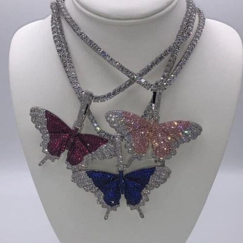 New Multi Rainbow Butterfly Charm Pendant Necklace with 5mm CZ Tennis Chain For Women Hip Hop Necklace Jewelry Wholesale Bulk