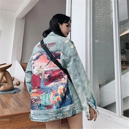 2020 New Autumn Women Vintage Streetwear Punk Style Jean JacketFunny Cartoon Print Long Denim Jacket Women Jacket