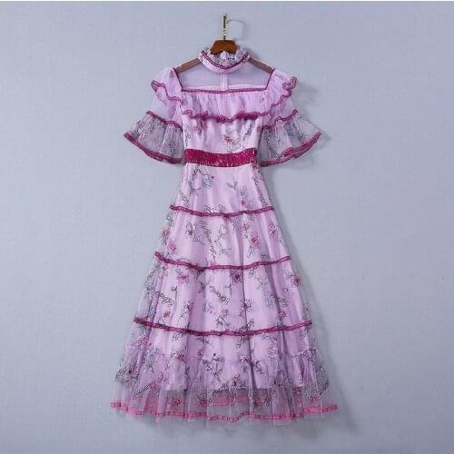 European and American womens wear 2020 summer new style Flared sleeve collar Lace flaxen embroidery Fashionable purple dress