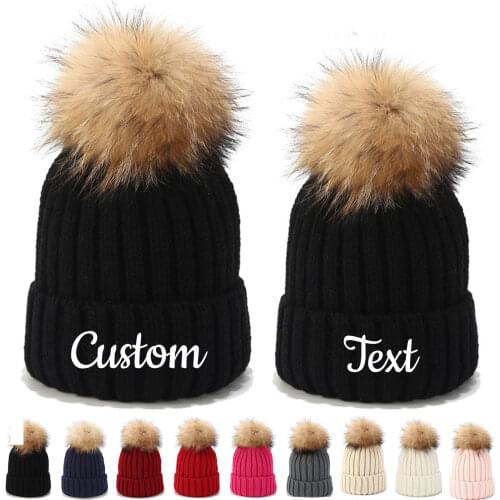 1pc Personalized Customize Women Winter Beanie Hat Thick Hair Ball Knitted Hat Embroidery Text Name Logo Baby Boy Girls Warm Hat