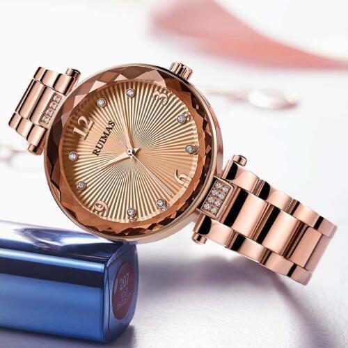 Ruimas Womens Metal Quartz Watches Clock Rose Gold Wristwatch Relogios Femininos Montre Femme Watches Gift Leather Ladies Clock