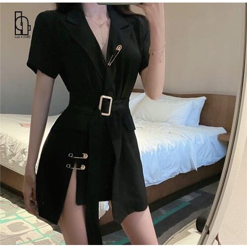 Luck A High Waist Belt Sashes Lapel V-neck Pin Elegant Split Blazer Women Summer Korean Sexy Fashion Office Suit Outfit Dark