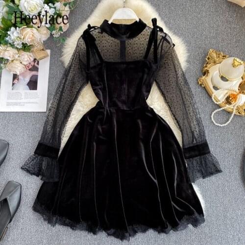 2019 black lace velvet mini dress women french vintage mesh sleeve sexy a line elegant Christmas short dresses for women