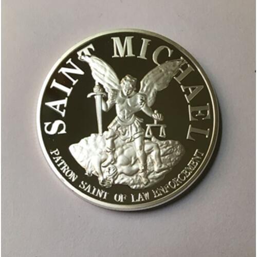 100 Pcs Non magnetic Saint Michael coin Law patron badge brass core silver plated 40 mm souvenir collectible decoration coin