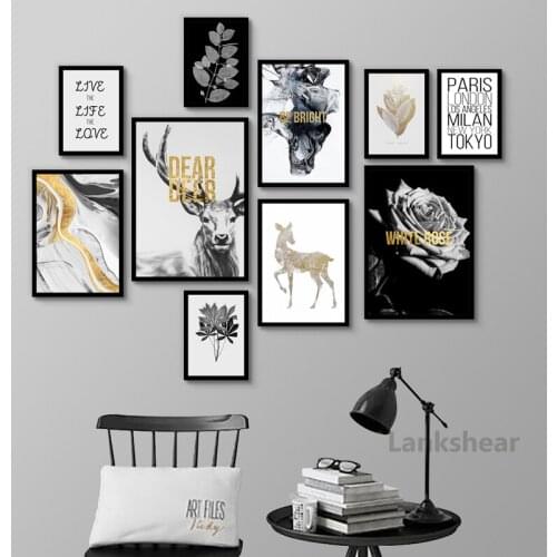 Abstract Canvas Poster Black White Flower Leaf Plant Deer Nordic Wall Art Canvas Print Painting Decoration Living Room Decor
